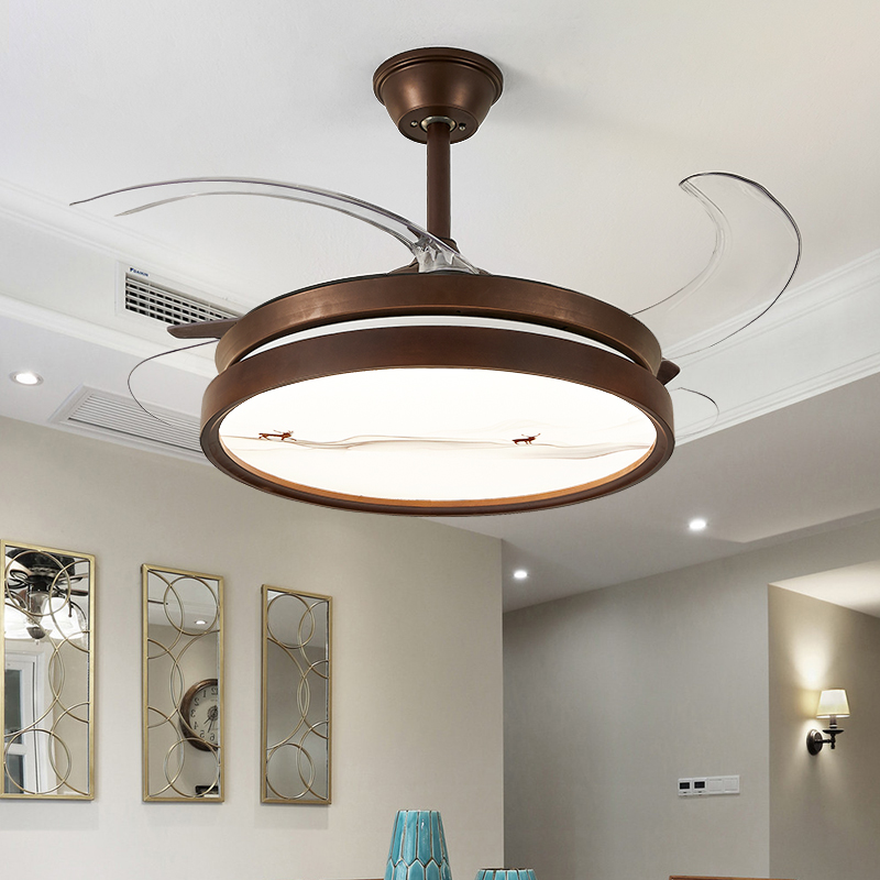 New Chinese Invisible Fan Lamp Solid Wood LED Lamp 2022 New Walnut Color Living Room Dining Room Chandelier