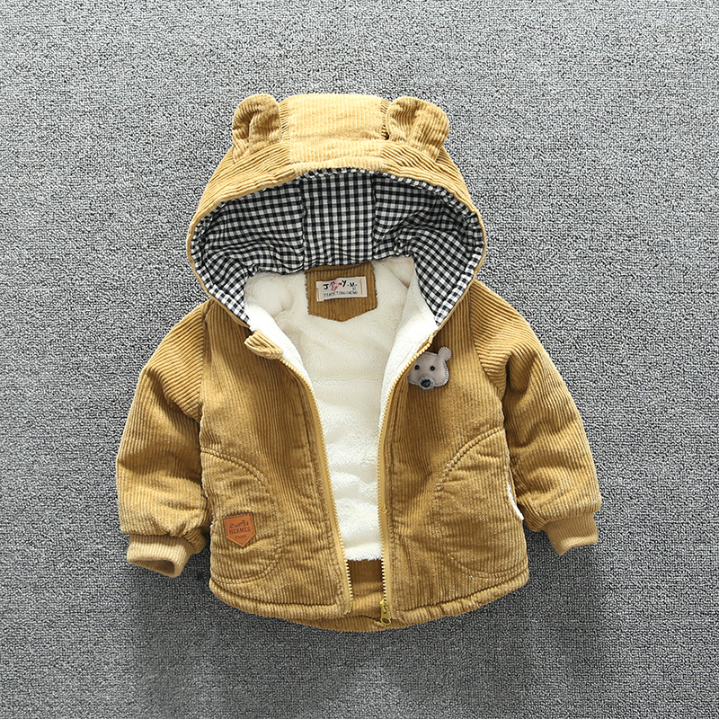 寶寶鼕裝男童加絨外套秋鼕連帽厚棉衣0-1一3歲韓版嬰兒保暖燈芯絨