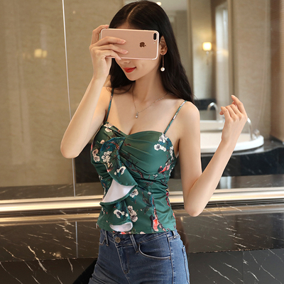 缪斯女神夜店性感上衣人间四月民国绿 印花小吊带气质荷叶边背心-淘宝网