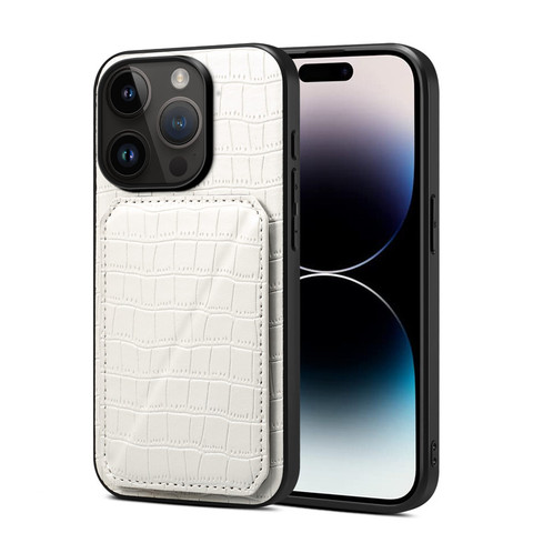 White — Crocodile Synthetic Leather Creative Kickstand Folding Stand Card Holder 15, 15 Plus, 15 Pro, 15 Pro Max iPhone Case