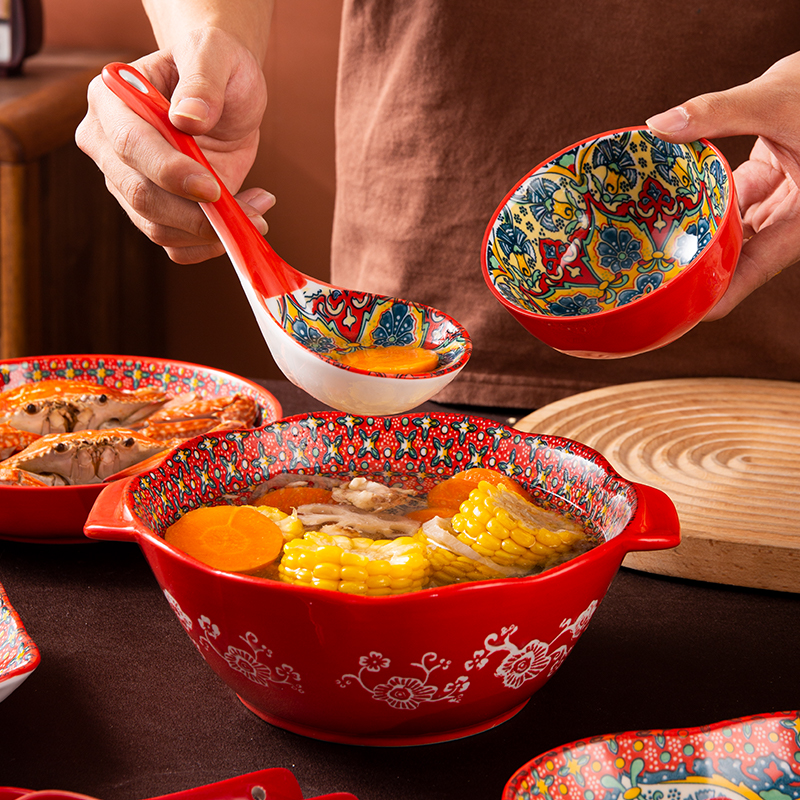 Bohemian Ceramic Bowl Dish Tableware Household Handle Bowl Good-looking Rice Bowl Oven Microwave Oven