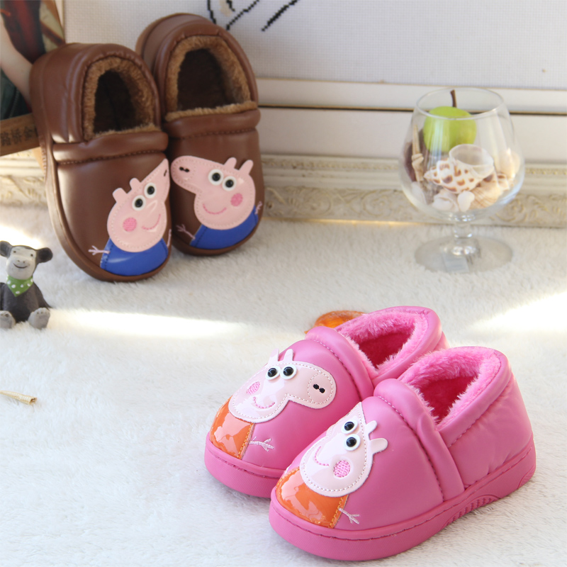 兒童棉拖鞋包跟男女童鼕季保暖PU皮防水加絨可愛卡通寶寶居家拖鞋