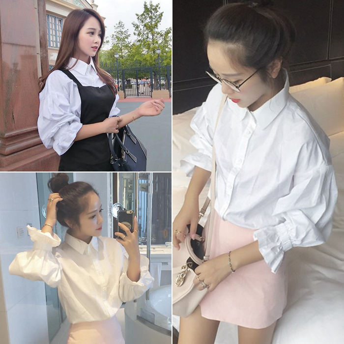 2017春季新款寬松白色泡泡袖內搭打底襯衫韓版氣質休閑襯衣女學生