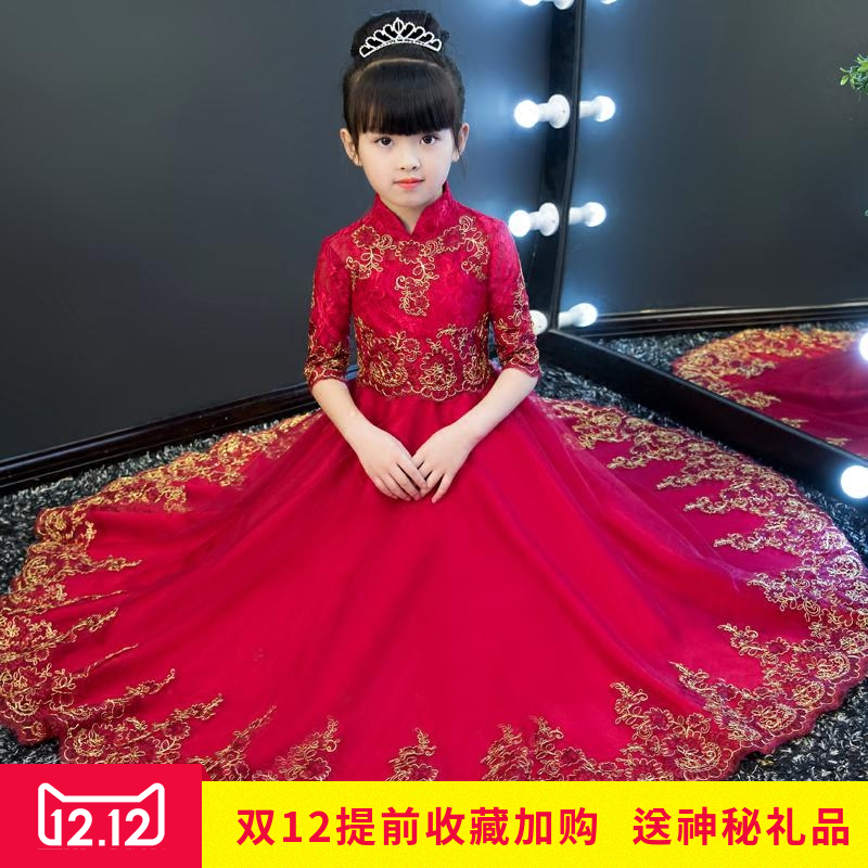 女童晚禮服兒童公主裙小主持人長袖鼕季蓬蓬紗生日紅色鋼琴演出服