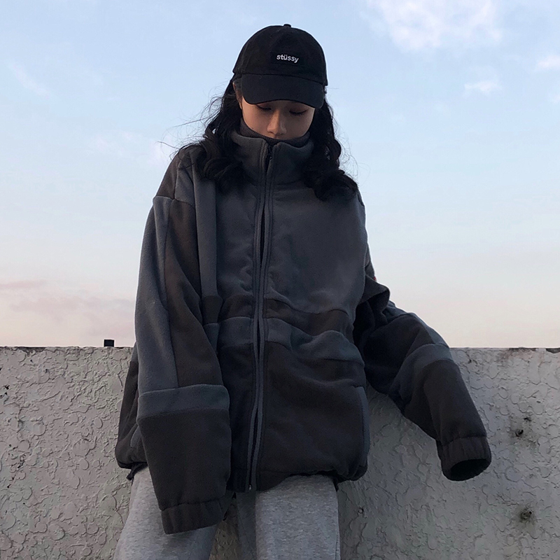 Tide brand F426 color-blocking fleece jacket jacket ins fire armband loose men and women autumn and winter hip hop retro BF style