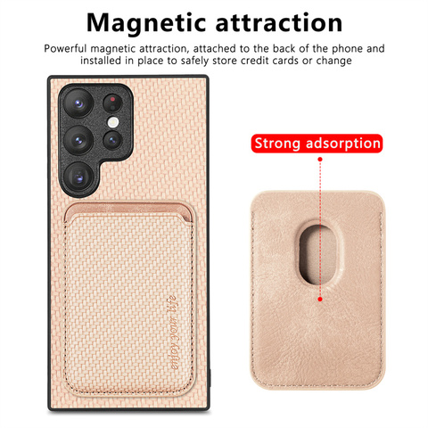Light pink — Magnetic Card Holder Carbon Fiber Pattern Synthetic Leather S23, S23 Plus, S23 Ultra, S22, S22 Plus, S22 Ultra
