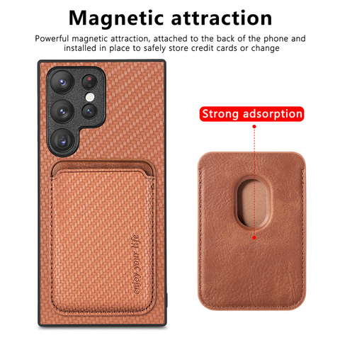 Brown — Magnetic Card Holder Carbon Fiber Pattern Synthetic Leather S23, S23 Plus, S23 Ultra, S22, S22 Plus, S22 Ultra, S21