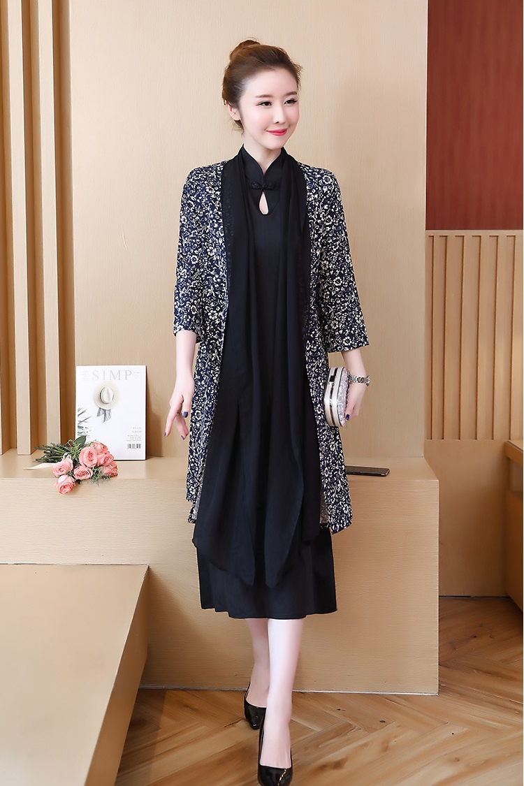Chinese style improved cheongsam suit skirt female 2018 autumn new cotton and linen printed cardigan take two pieces Dress