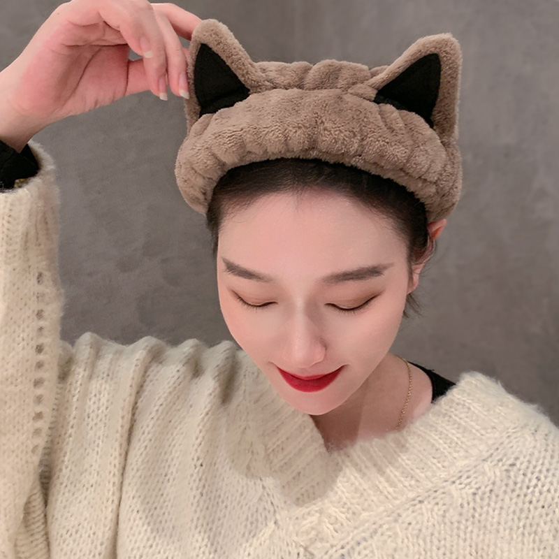Cute Cat Ears Headband Women's Face Wash Mask Headband Simple All-Match Korean Style Plush Headband Internet Celebrity 2022