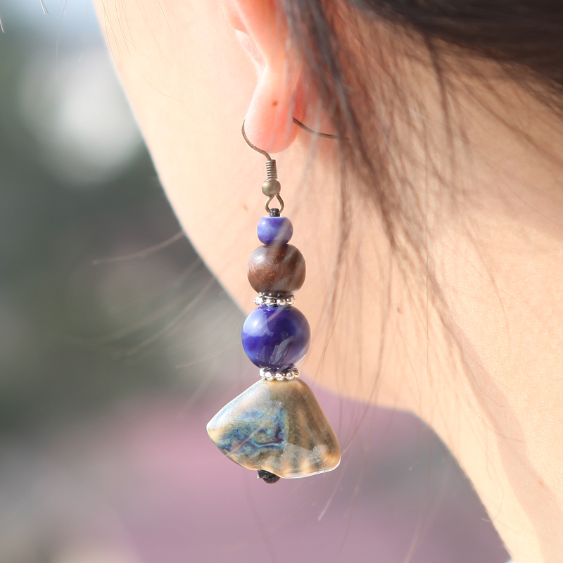 Fan type earrings QingGe blue ceramic national wind restoring ancient ways is exaggerated earrings the original manual street source of ears