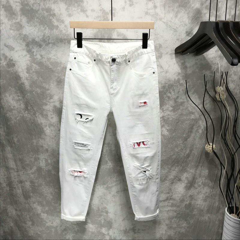 version coréenne de la nouvelle marque tide jeans 2019 de la jeunesse d'été de la mode trou de marée hommes blanc neuf points de pieds pantalon version coréenne de la nouvelle marque tide jeans 2019 de la jeunesse d'été de la mode trou de marée hommes blanc neuf points de pieds pantalon