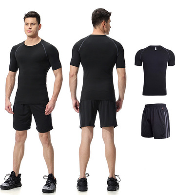 标题优化:丝格图男式健身服运动服两件套装短袖弹力速干运动T恤训练跑步服