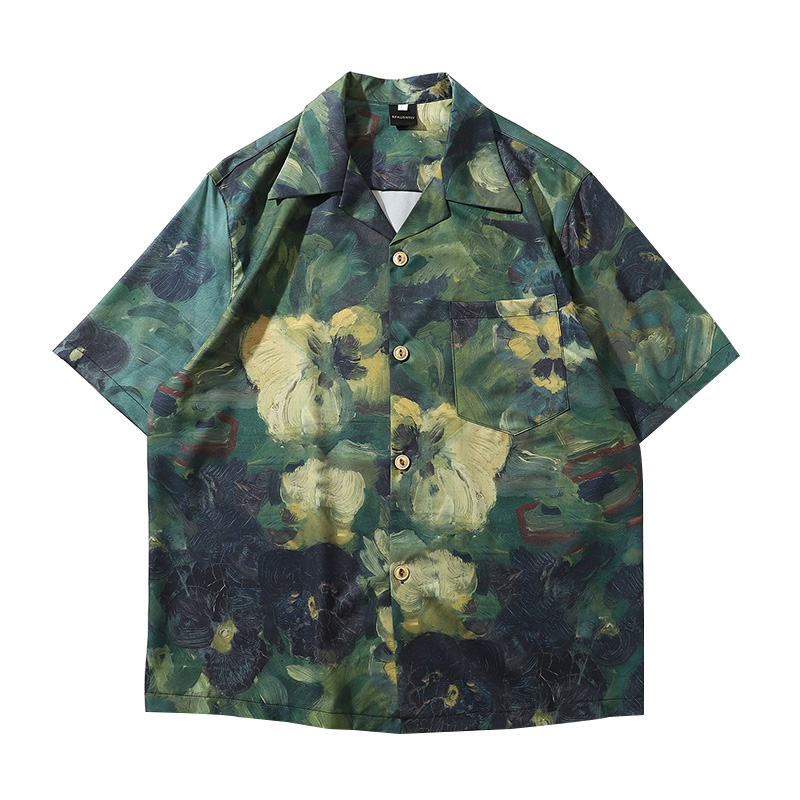 summer new Japanese retro tie Dyed oil painting full print loose drape short-sleeved shirt top female ins fashion brand