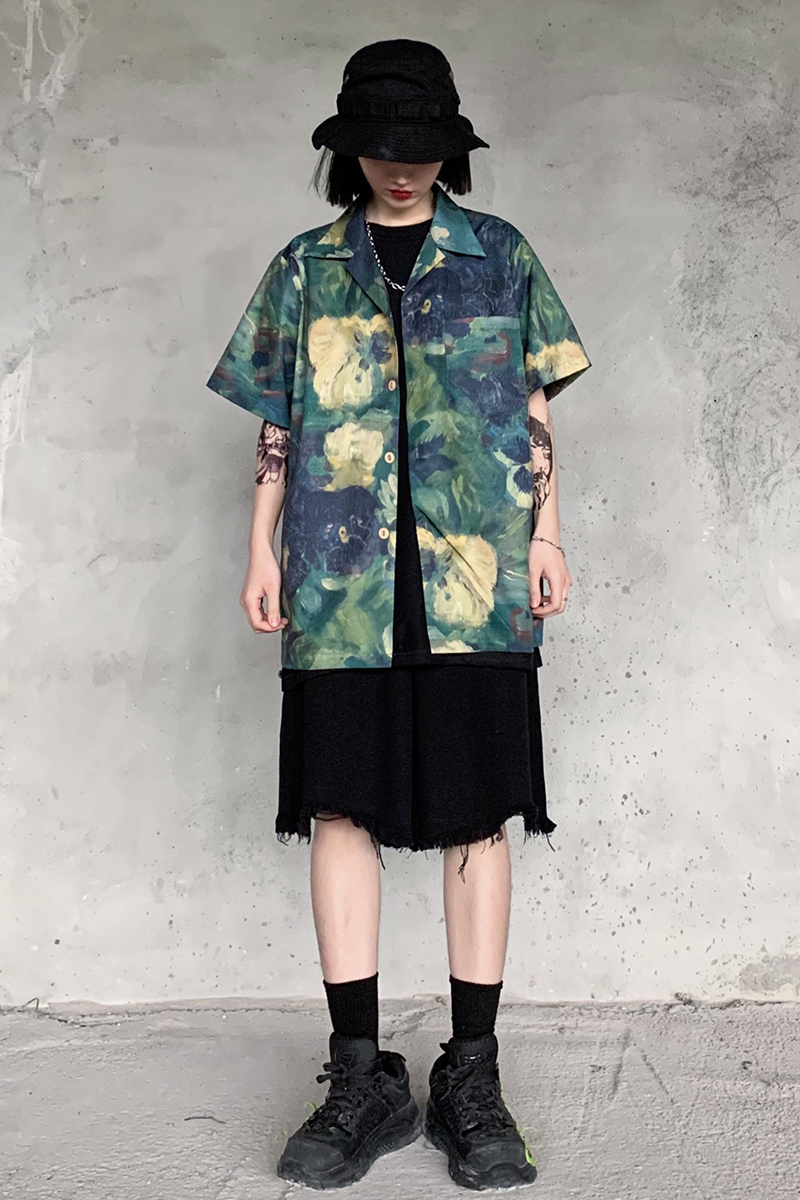 summer new Japanese retro tie Dyed oil painting full print loose drape short-sleeved shirt top female ins fashion brand