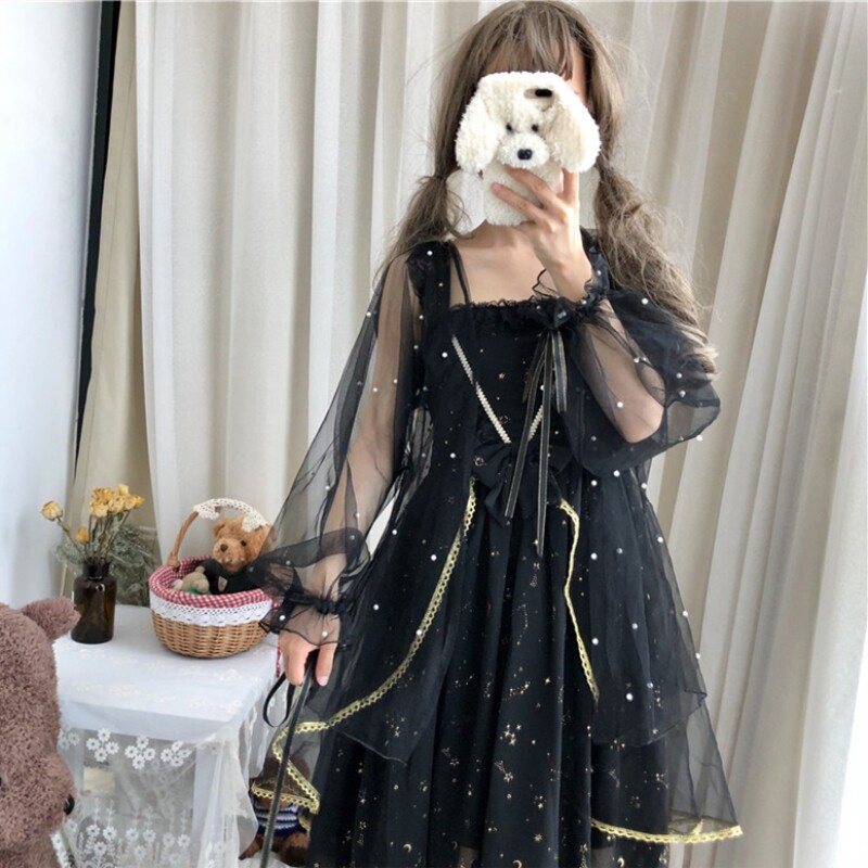 เสื้อคลุม 日系Lolita洛丽塔jsk裙外搭开衫珍珠网纱防晒衣女仙女外套罩衫夏  