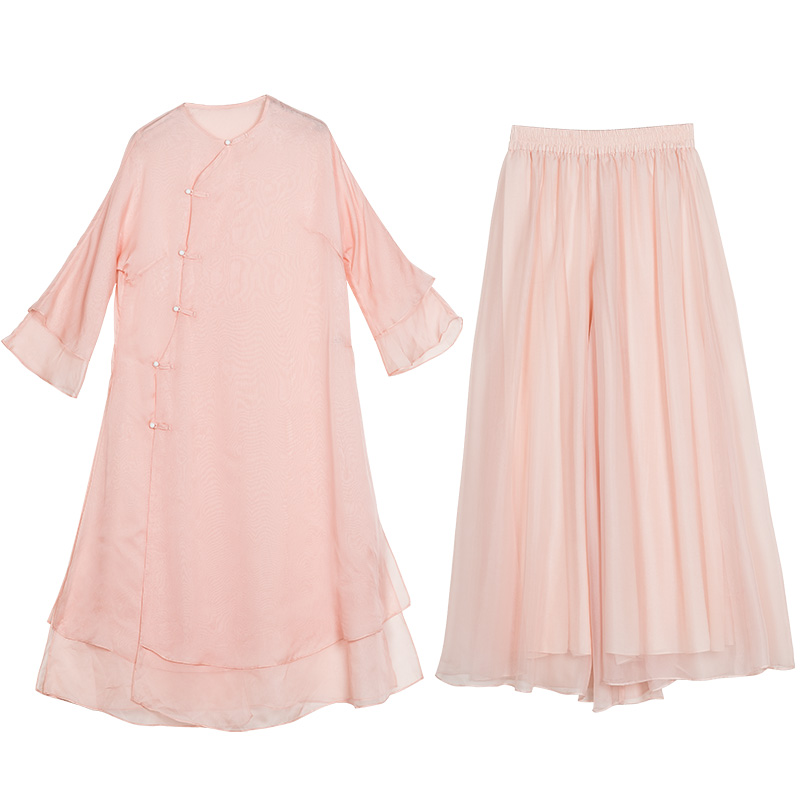 Summer Chinese Zen Women's Improved Hanfu Cheongsam Chiffon Dress Set Chinese Style Two-piece Tea Service