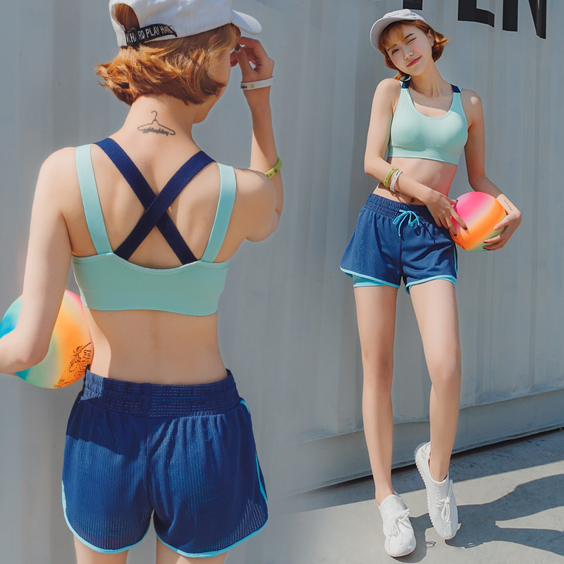 夏季韩国健身房运动套装女网格速干衣健身服瑜珈跑步短裤三件套装