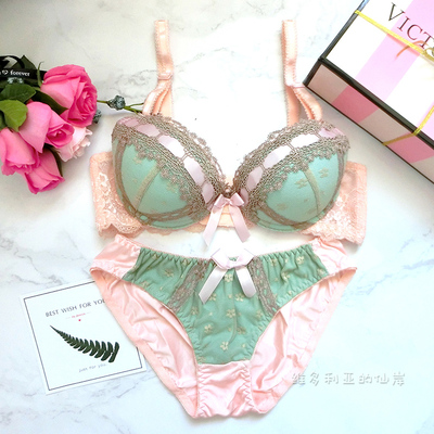 仙岸特价包邮蝴蝶结可爱复古蕾丝厚杯聚拢侧收文胸套装女内衣胸罩-淘宝网