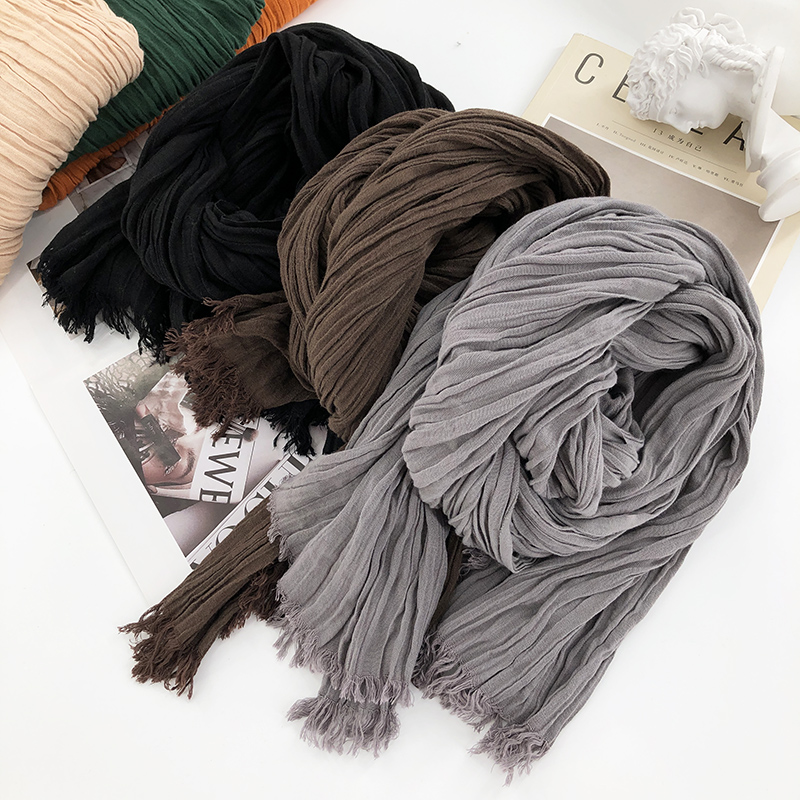 European and American Retro Autumn and Winter Raw Edge Crumpled Brown Gray Green Black Cotton and Linen Scarf Men and Women Warm Long Scarf