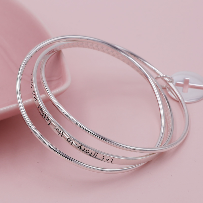 r Ellie silver han edition of English original three hoop silent s999 pure fine silver bracelet round card bible cross