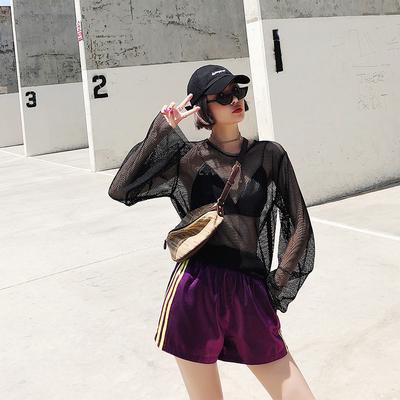 MONA 网纱性感透明上衣女夏2018新款中长款长袖宽松t恤衫黑色罩衫-淘宝网