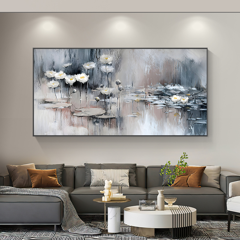 Pure Hand Drawing Oil Painting Landscape Painting Monet Water Lily Modern Living Room Sofa Background Wall Decorative Painting Horizontal Version Flower Painting