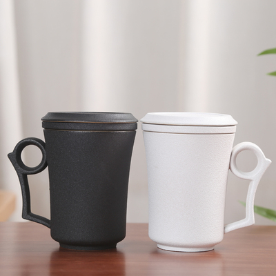 标题优化:黑陶马克杯带盖过滤泡茶杯家用茶水分离杯个性情侣办公咖啡杯水杯