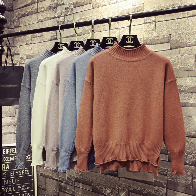 เสื้อผ้าผู้หญิง 秋冬季新款韩版前短后长半高领套头毛衣女宽松外穿学生针织衫加厚  
