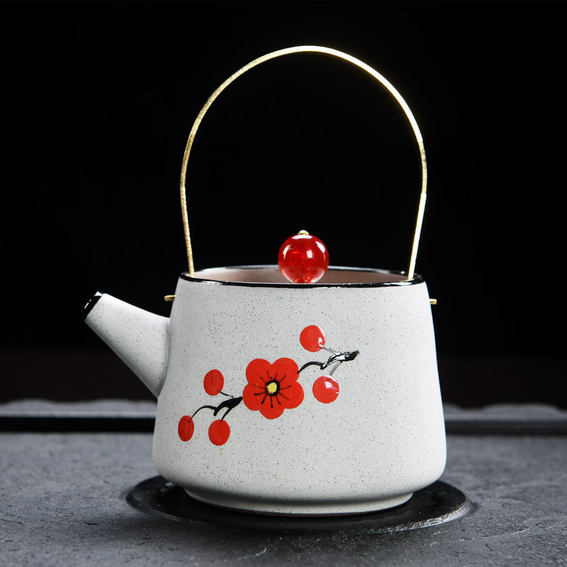 仿古茶壶提梁壶陶瓷复古泡茶器家用铜把单壶手绘紫砂水壶日式茶具