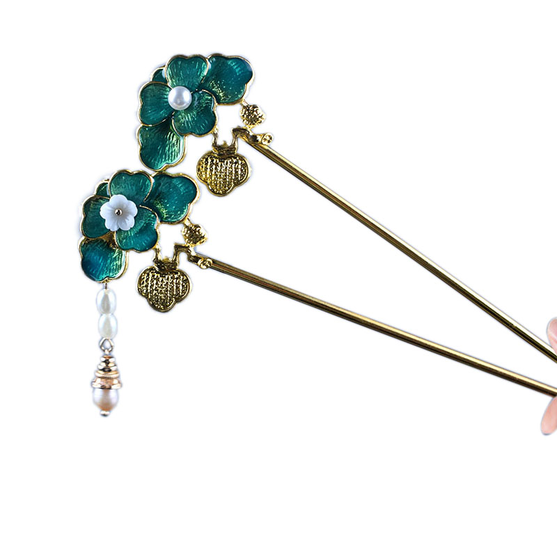 Original literary fan retro fresh burnt blue lotus leaf hairpin Hanfu headdress fairy freshwater pearl tassel girl