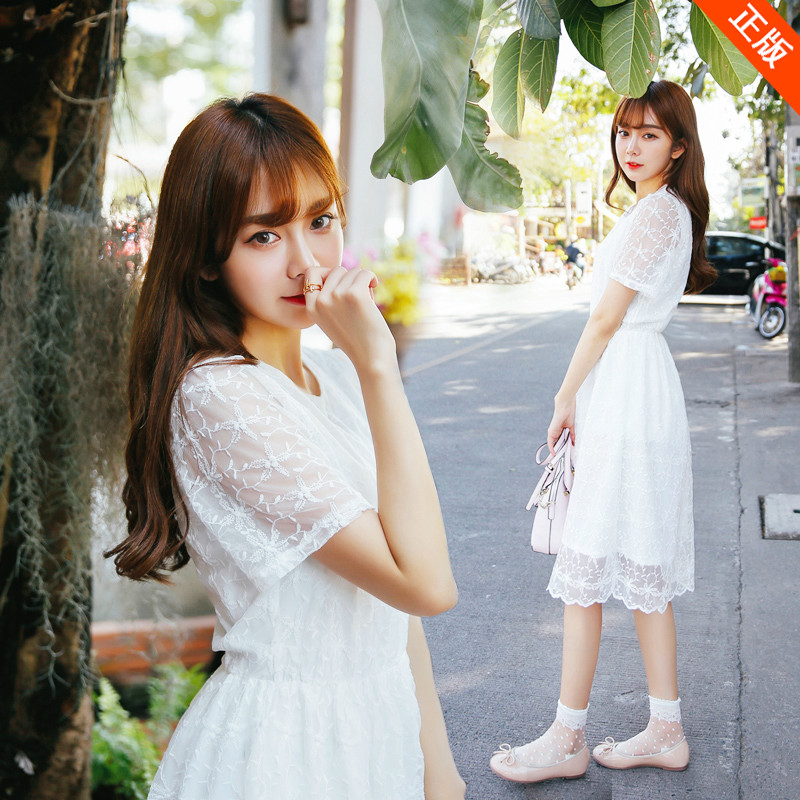 2016夏季新款韓國蕾絲連衣裙女學生短袖收腰顯瘦小清新中長款裙子