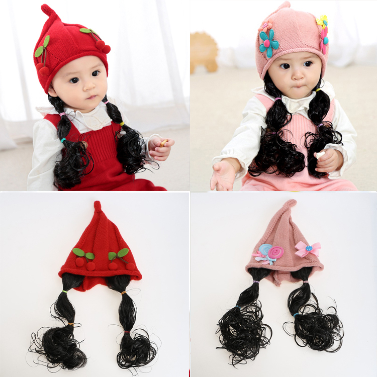 韓版嬰兒童帽子秋鼕女寶寶假發辮子帽女童0-1-2-3歲公主可愛韓版