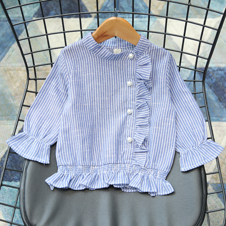2017秋季新款 女童長袖襯衫 中小童裝寶寶木耳花邊單排扣立領上衣