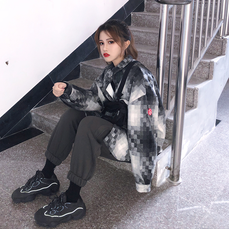 Sishu Chaoshe F426 mosaic plaid woolen long sleeve shirt jacket men and women couple tide brand jacket