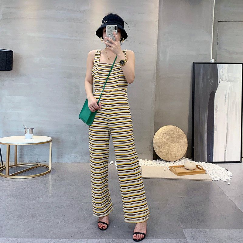 จั๊มสูท 背心连体裤  夏新款外贸女装宽松方领松紧腰套头休闲条纹长裤9172  