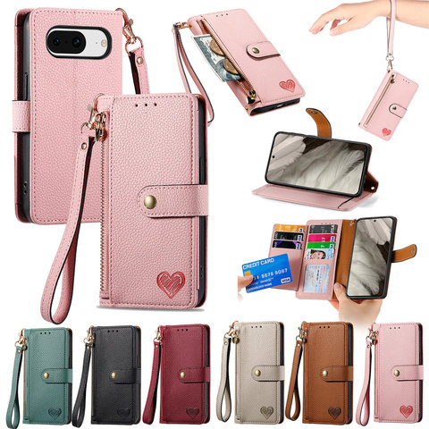 Hearts Wallets Folio Flip Magnetic Synthetic Leather Card Holder Folding Stand With Wrist Lanyard Strap 8, 8 Pro, 7, 7 Pro