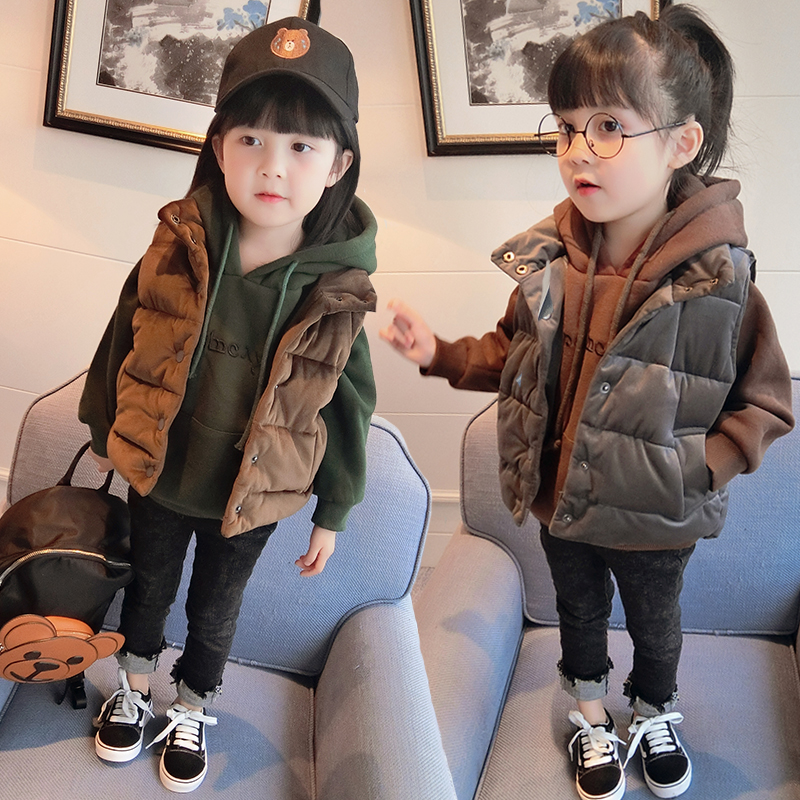 童裝女童鼕裝韓版新款加絨加厚套裝寶寶連帽衛衣金絲絨馬甲兩件套