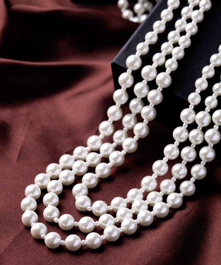 Collier Sautoir Long Perle Blanc Trois Rang Retro Argenté Class Mariage