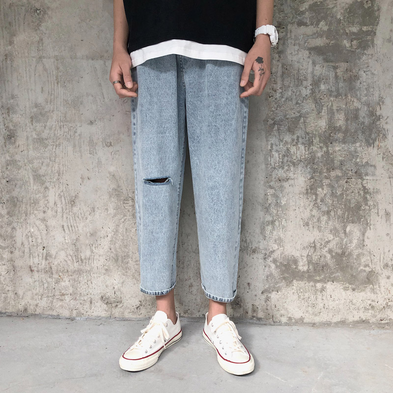 l'été japonais rétro tendance de genou ripped jeans des hommes lâches port du vent ins harajuku vent cylindre droit neuf minutes de pantalon l'été japonais rétro tendance de genou ripped jeans des hommes lâches port du vent ins harajuku vent cylindre droit neuf minutes de pantalon