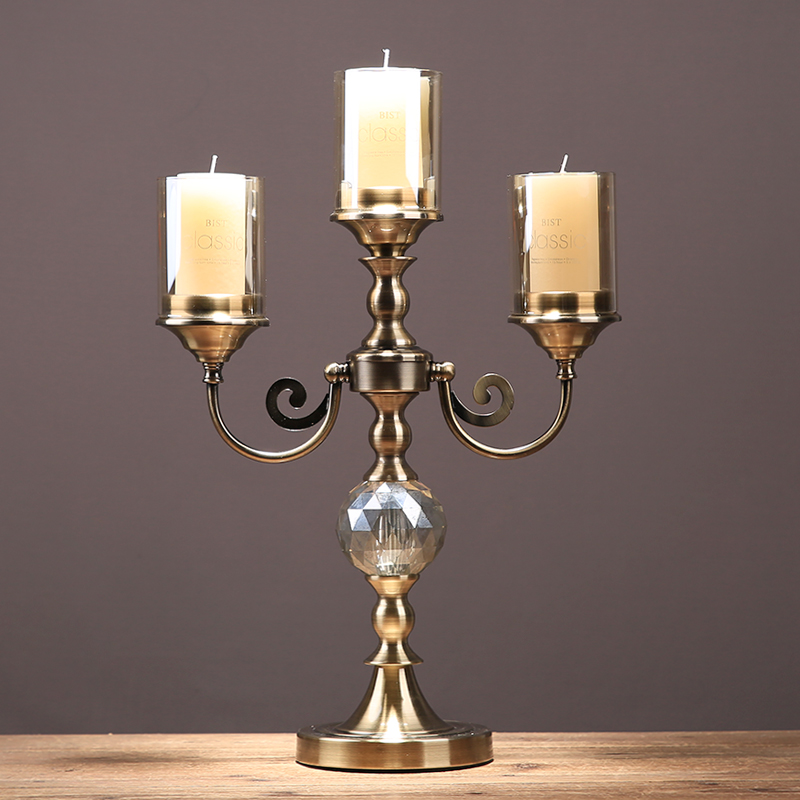 American Creative Metal Glass Three-Head Candle Holder European Style Showroom Living Room Entrance Candlelight Dinner Table Decoration