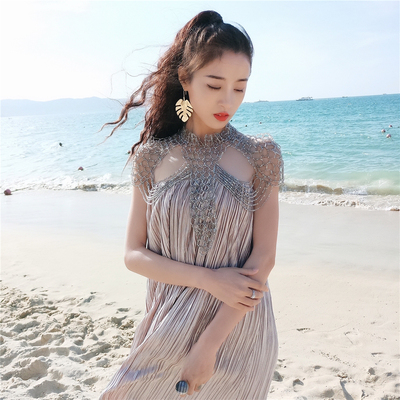 18年夏新品奢华重工水晶披肩透视网纱礼服金属烫金百褶显瘦连衣裙-淘宝网