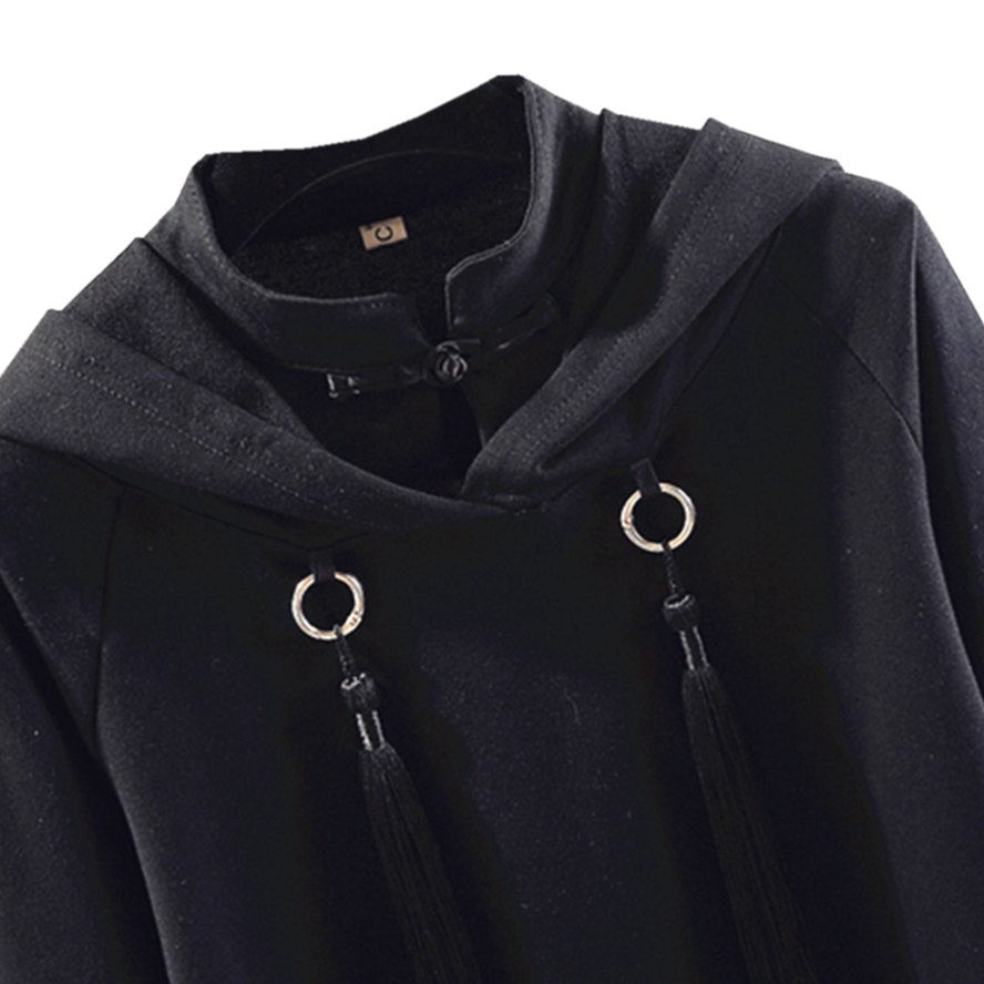 Super Long Sleeve Fake Two Pieces Improved Cheongsam Plate Buckle Retro Chinese Style Dark Series High Waist Short T-Shirt Hooded Hood