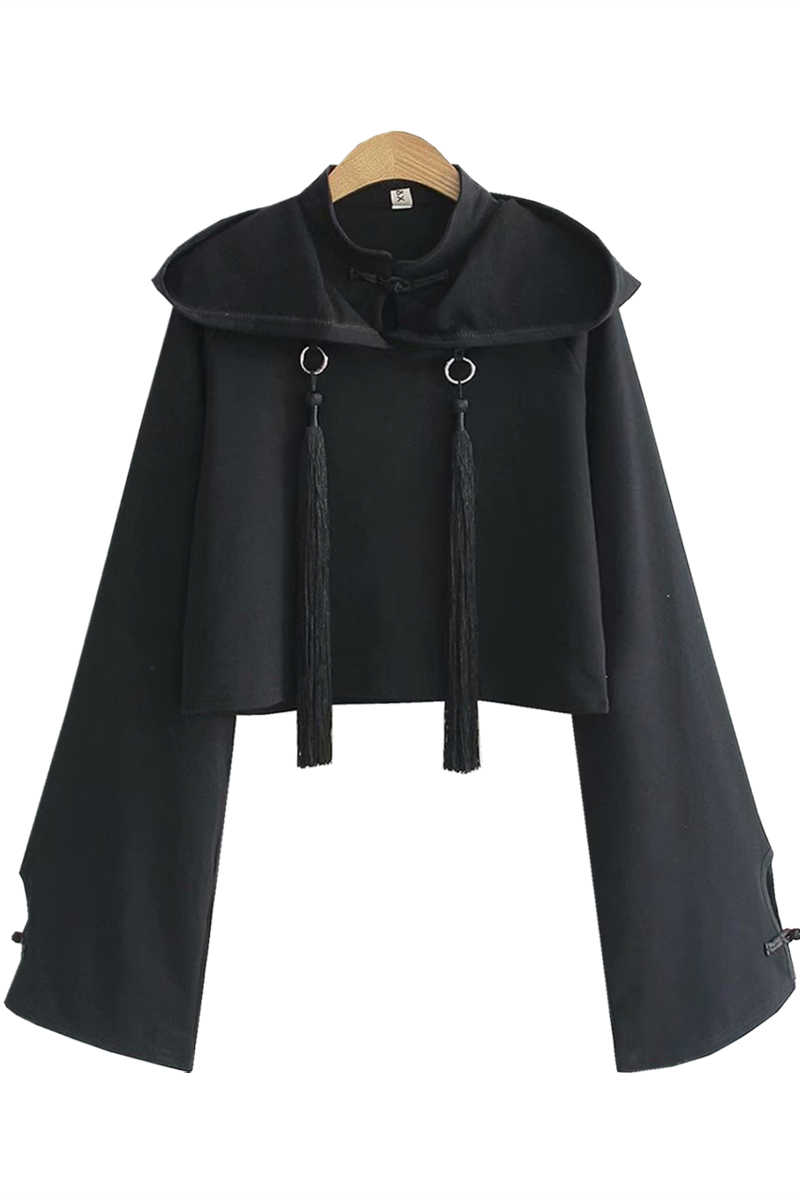 Super Long Sleeve Fake Two Pieces Improved Cheongsam Plate Buckle Retro Chinese Style Dark Series High Waist Short T-Shirt Hooded Hood