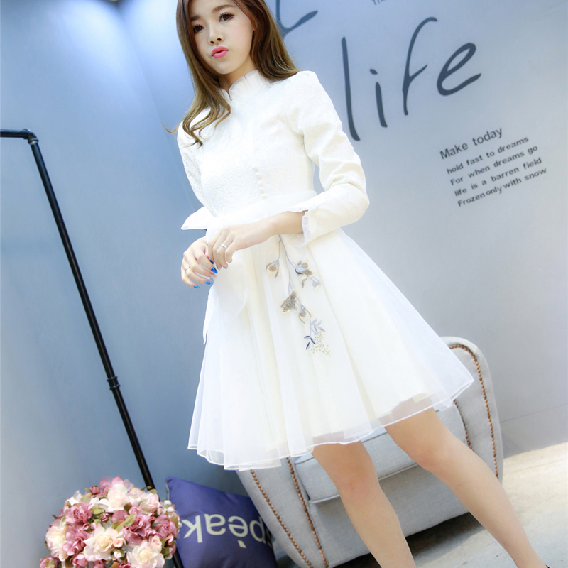 新高檔公主裙修身顯瘦白色氣質復古時尚韓版中長款秋鼕連衣裙長袖