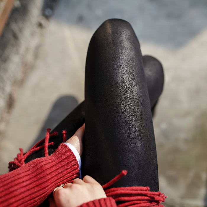 JHXC韓版顯瘦高腰加絨加厚PU皮褲女鼕季外穿啞光黑色打底褲長褲潮