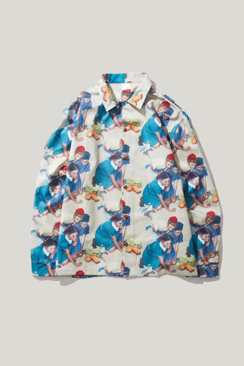 SODAYOHO American loose oil painting print long-sleeved shirt Hong Kong flavor Japanese retro drape couple hip-hop trend