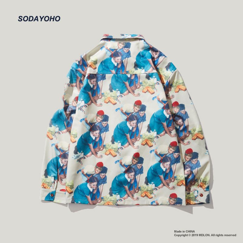 SODAYOHO American loose oil painting print long-sleeved shirt Hong Kong flavor Japanese retro drape couple hip-hop trend