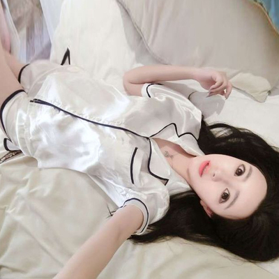 格格家 夏装新款短袖撞色翻领上衣+松紧腰短裤绸缎家居服睡衣套装-淘宝网