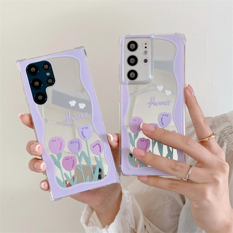 Flower Mirror Girls Airbag Corner Protection Silicone TPU 22, S22 Plus, S22 Ultra, S21, S21 Plus, S21 Ultra Samsung Phone