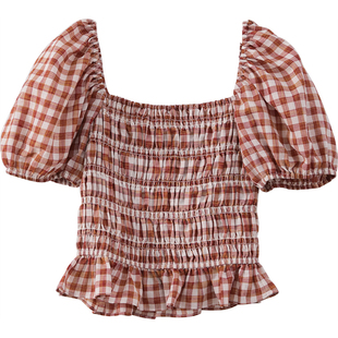 夕蒙2020新款格子衬衫复古设计感女小众法式泡泡袖方领短款上衣女